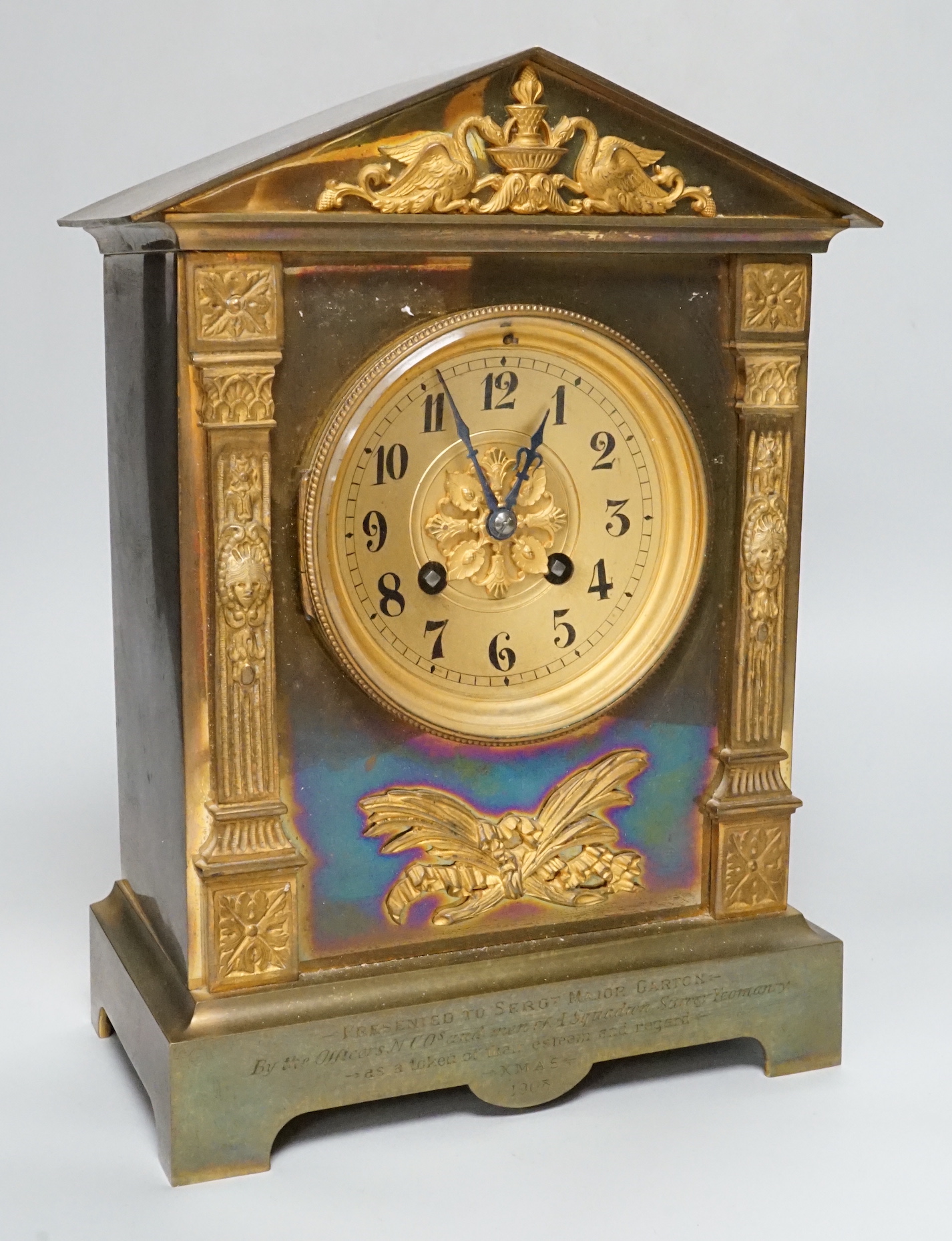 A French ormolu mounted brass architectural mantel clock with Surrey Yeomanry 1908 inscription, 29cm